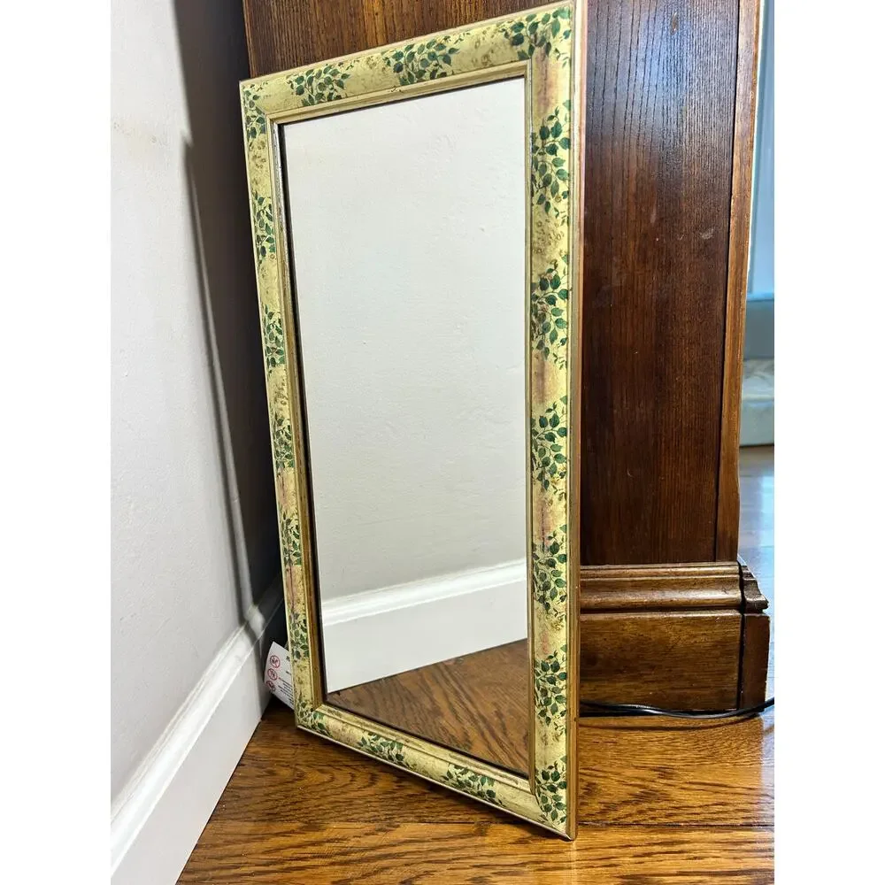 Vintage Floral Mirror Set of 2, Gold Tone Wall Mirrors, Green with pink Frames